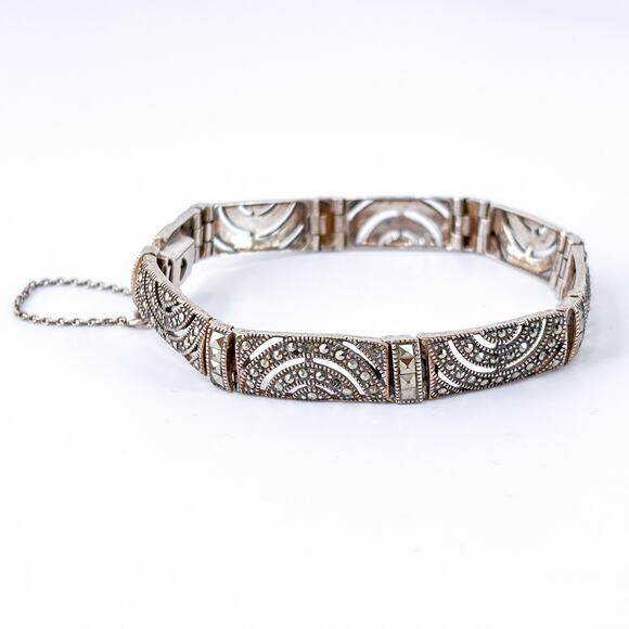 Vintage NF Thailand Sterling Silver 925 Marcasite Link Bracelet 8” - Picture 3 of 9